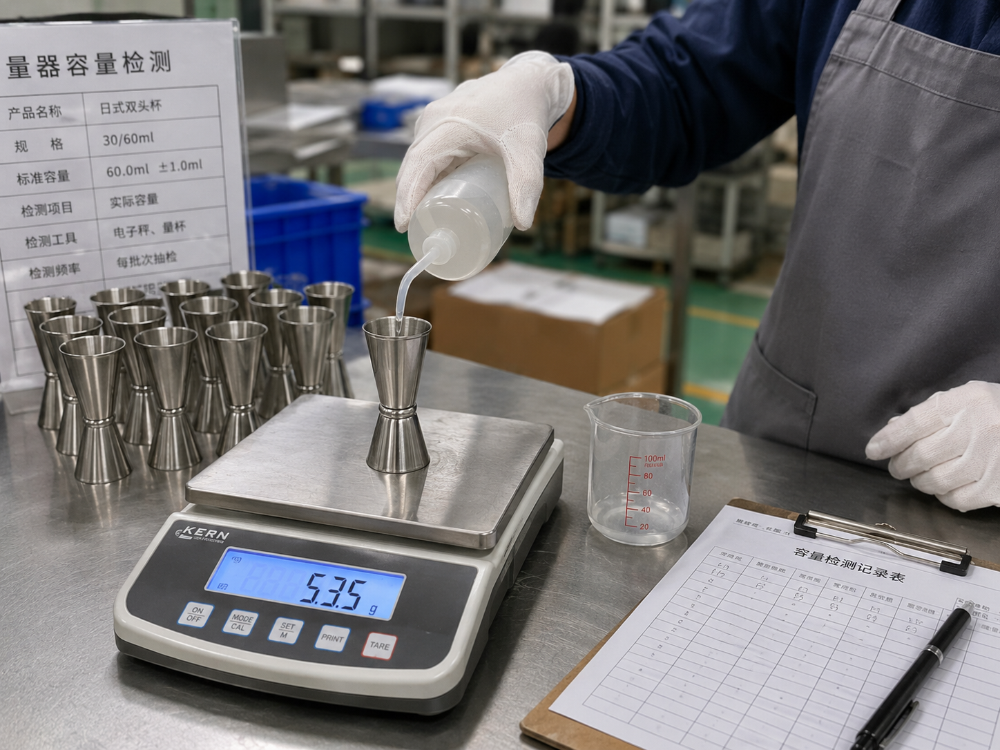 Factory quality inspection of stainless steel jigger capacity using water weight testing and a digital scale