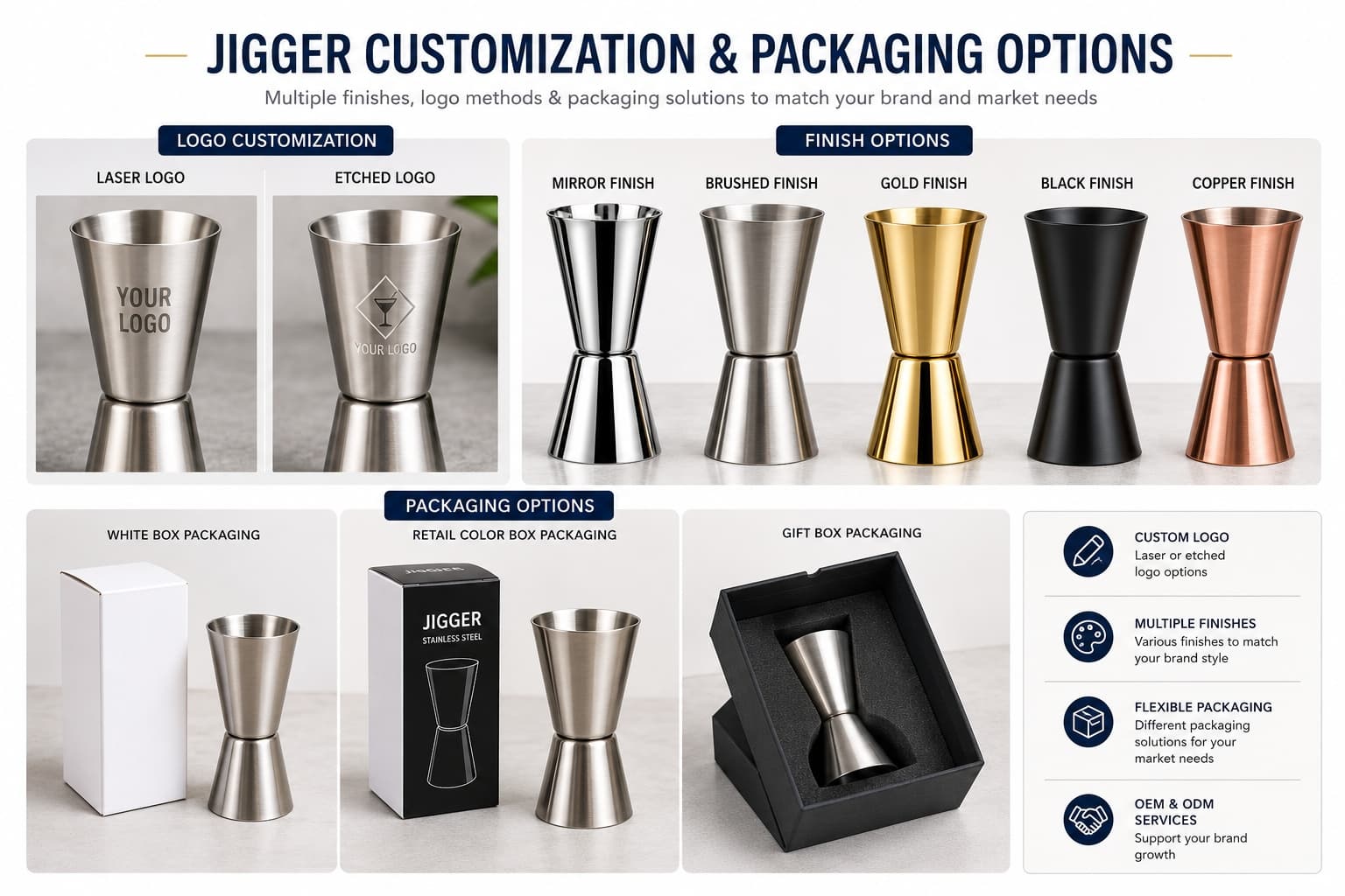 Custom stainless steel jigger with logo engraving, multiple finish options and custom packaging solutions for wholesale barware