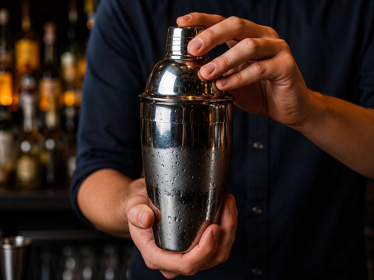 Bartender holding a chilled stainless steel Cobbler cocktail shaker at a professional bar