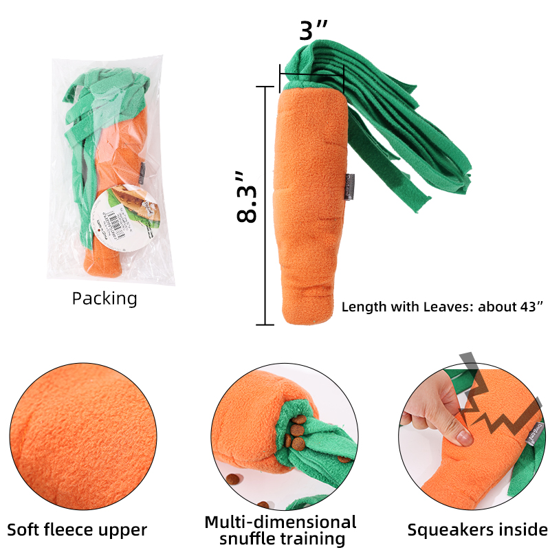 Juguete Snuffle para perro con diseño de zanahoria y hojas