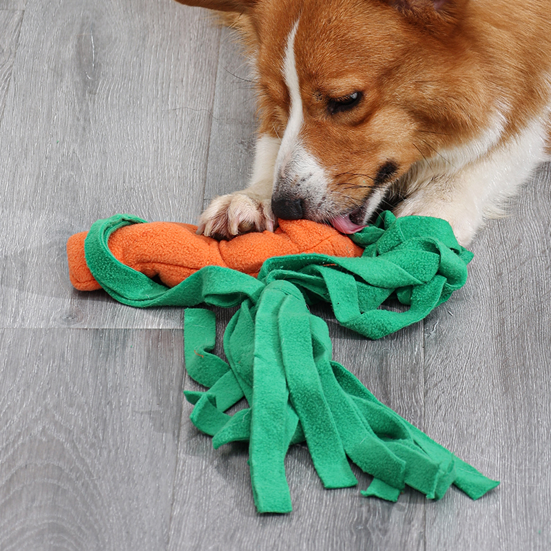 Juguete Snuffle para perro con diseño de zanahoria y hojas