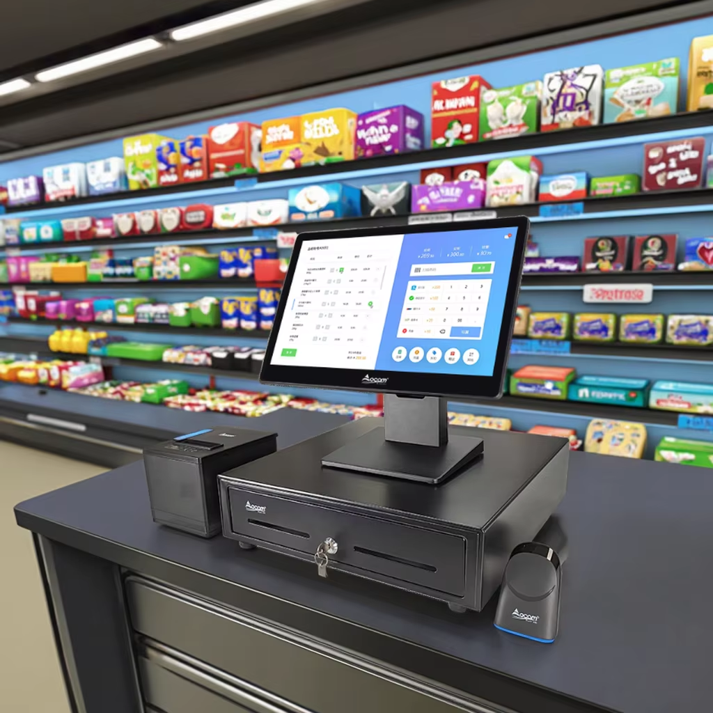 15,6 inch HD groothoek POS Terminal met 10,5 mm ultradunne ontwerp POS Touchscreen Alles in één voor winkel kassa