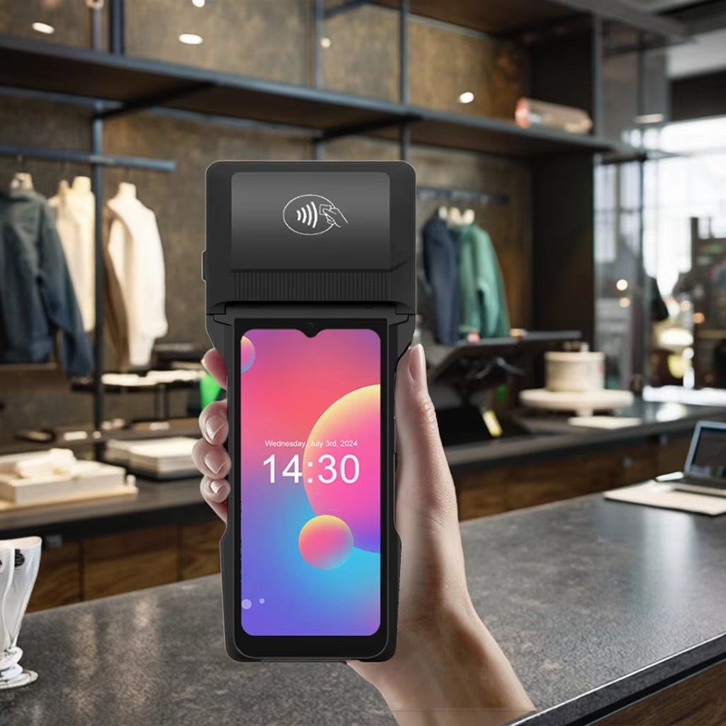 手持式安卓 POS 系统配备 80mm 热敏打印机，内置 6400mAh 电池
