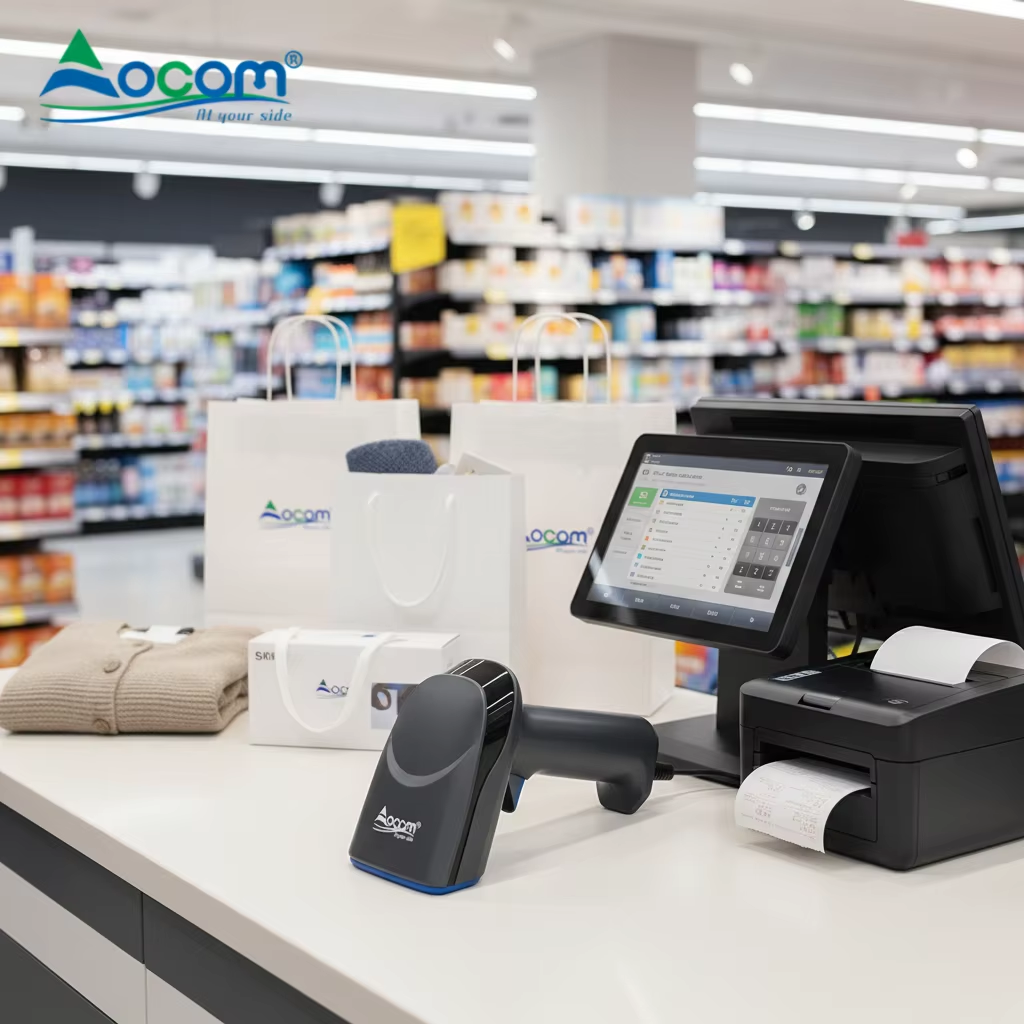 OCOM Popular Wired Barcode Scanner with Manual Continuous and Auto Sensing Mode
