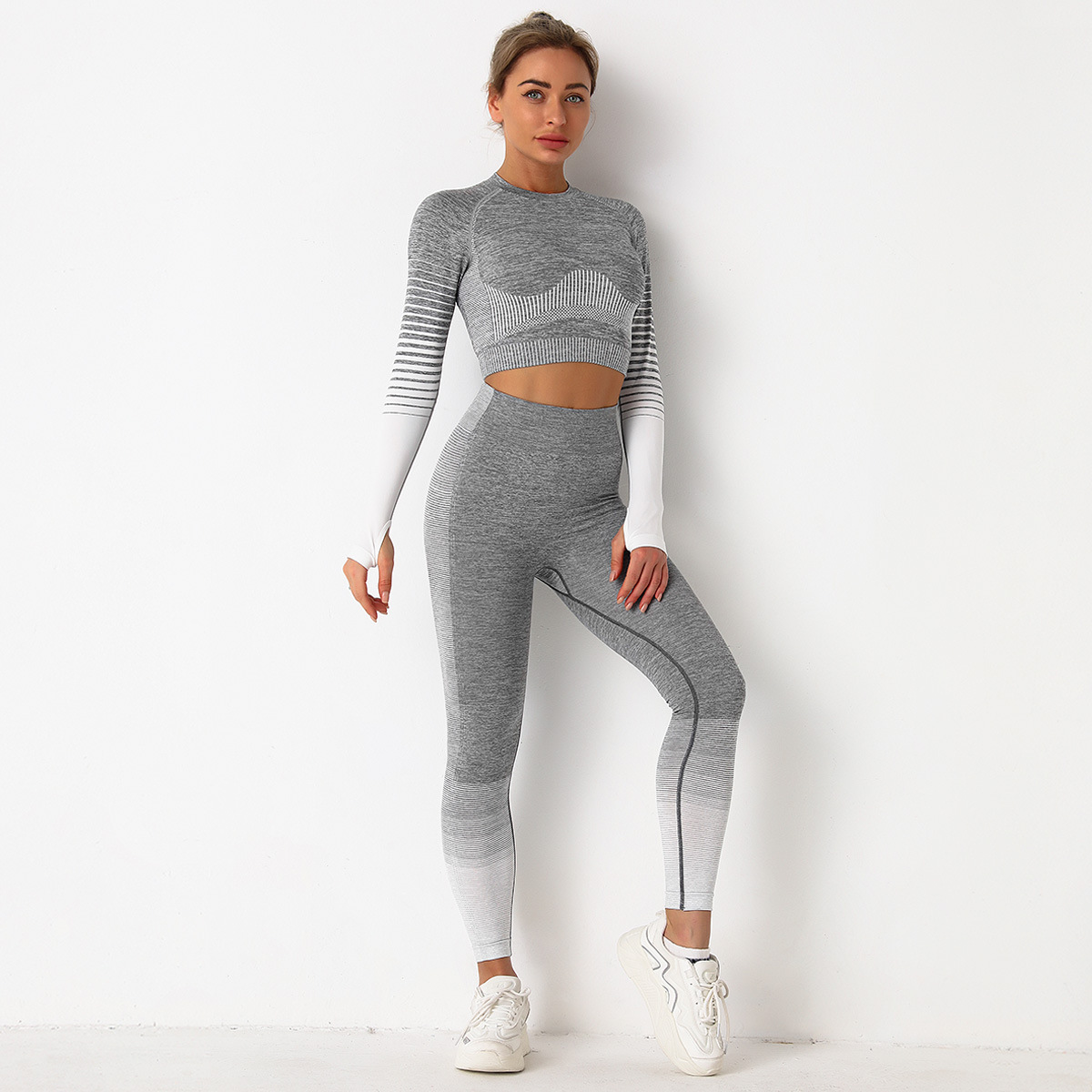 S-SHAPED Tops cortos de manga larga Ropa deportiva Sin costuras Cintura alta Yoga Gimnasio Leggings Conjuntos de entrenamiento para mujeres Trajes de entrenamiento de 2 piezas Ropa deportiva