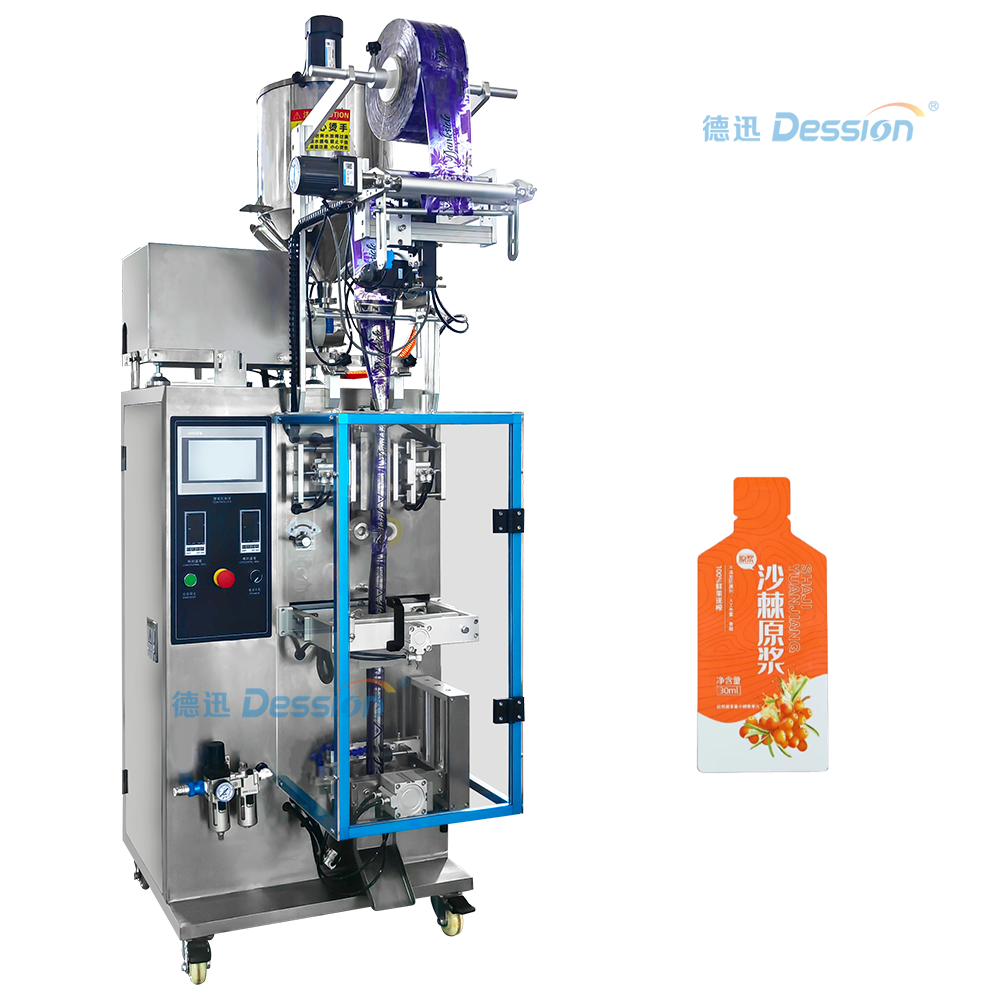 Máy đóng gói chất lỏng dạng túi đứng nhỏ gọn, hắc mai biển xay nhuyễn, sản xuất tại Trung Quốc