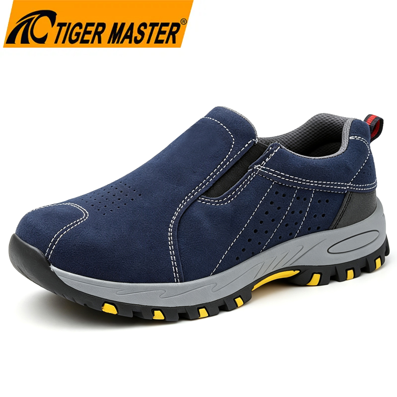 Chaussures de sécurité en daim bleu, semelle en caoutchouc antidérapante, bout en acier, anti-perforation, sans lacets, TM3421