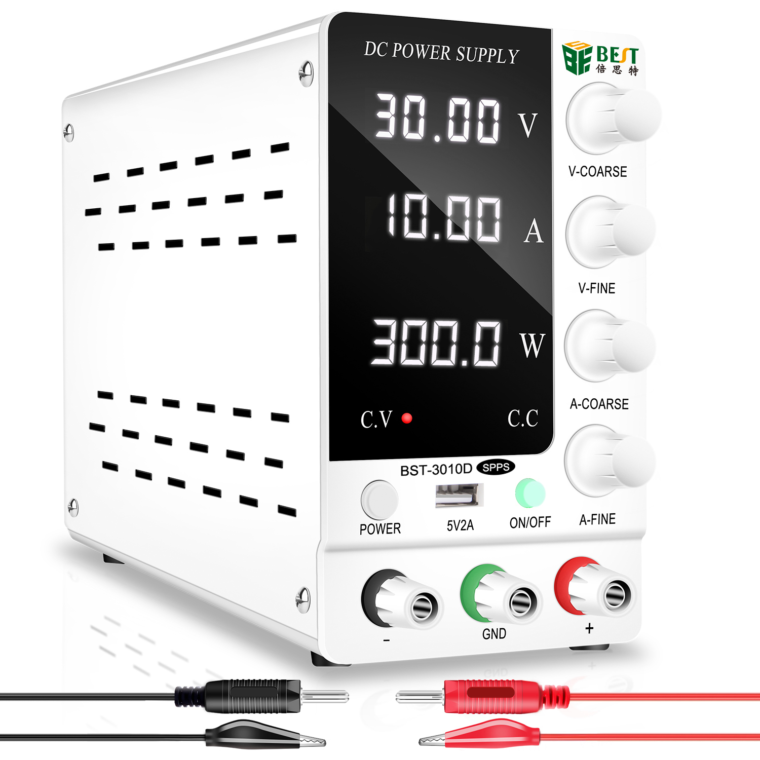 Fonte de alimentação CC variável, 30V 10A ajustável comutação regulada Fonte de alimentação de bancada CC com display LED de 4 dígitos de alta precisão, porta USB 5V/2A, ajustes grosseiros e finos, melhor ferramenta BST-3010D