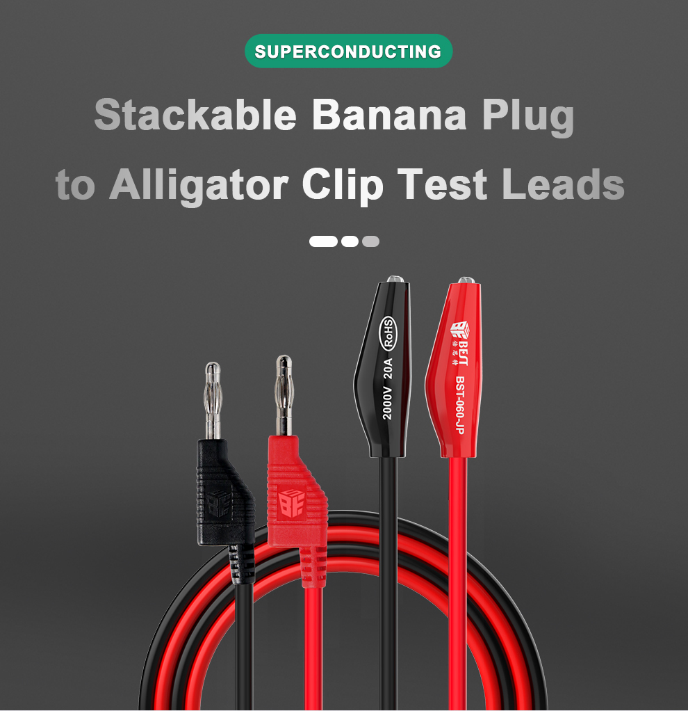وصلات اختبار متعددة المقاييس، قابس موزة قابل للتكديس إلى وصلات مشبك التمساح، 2000 فولت 20 أمبير، BST-060-JP