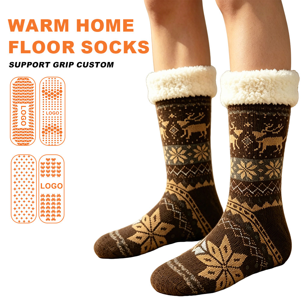 Hochwertige, individuelle, lustige gestrickte Bodensocke, dicke, warme Fleece-Sherpa-Weihnachts-Anti-Rutsch-Slipper-Socke für Erwachsene