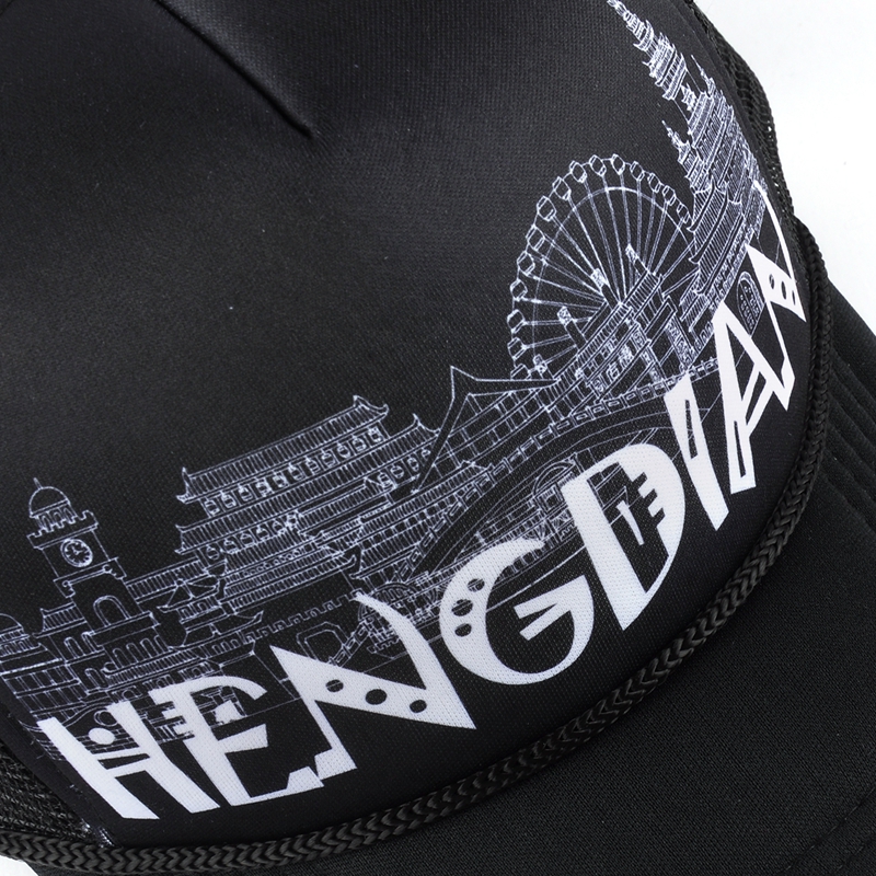 5 panels black foam trucker caps, printing foam trucker caps with string, high quality hat supplier china