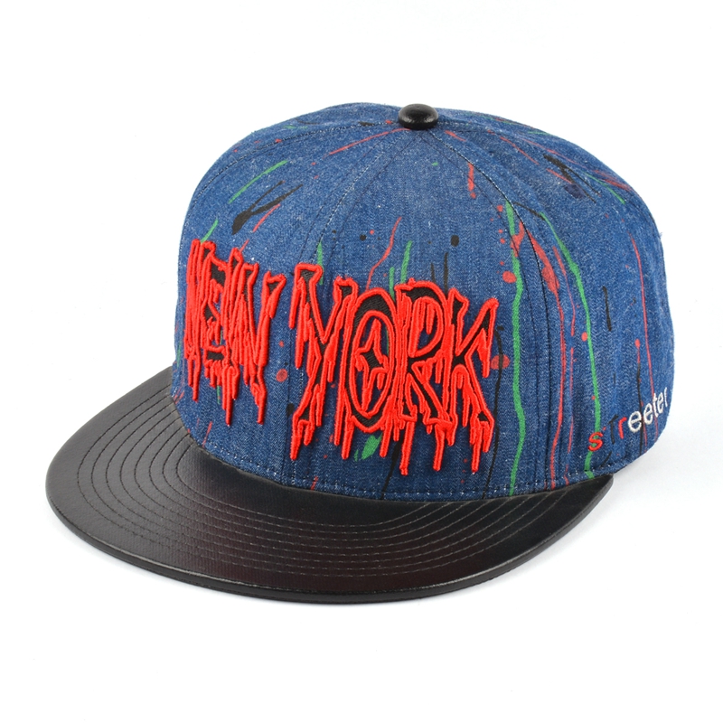 Cappellini snapback in denim con bordi in pelle ricamo 3d personalizzati