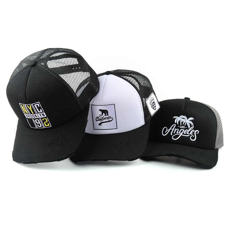 5 panels embroidery foam trucker caps distressed mesh hats custom