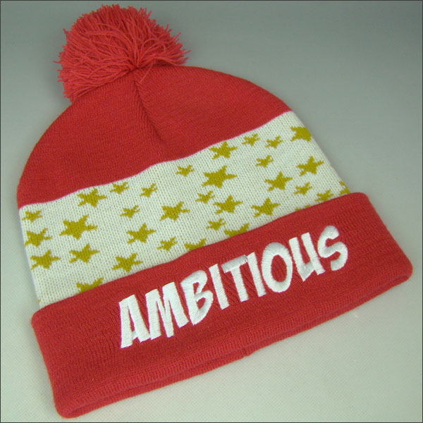 Embroidery pom pom beanie