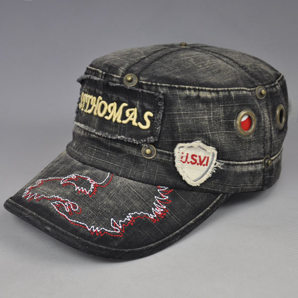 Fashion applique embroidery denim flat top cap