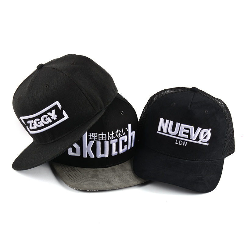 black 6 panels snapback hats, custom 3d embroidery snapback hats