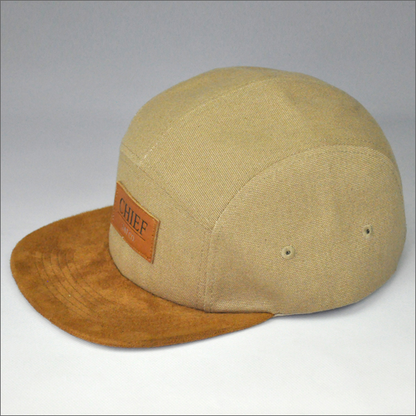 canvas 5 panel hat with leather patch