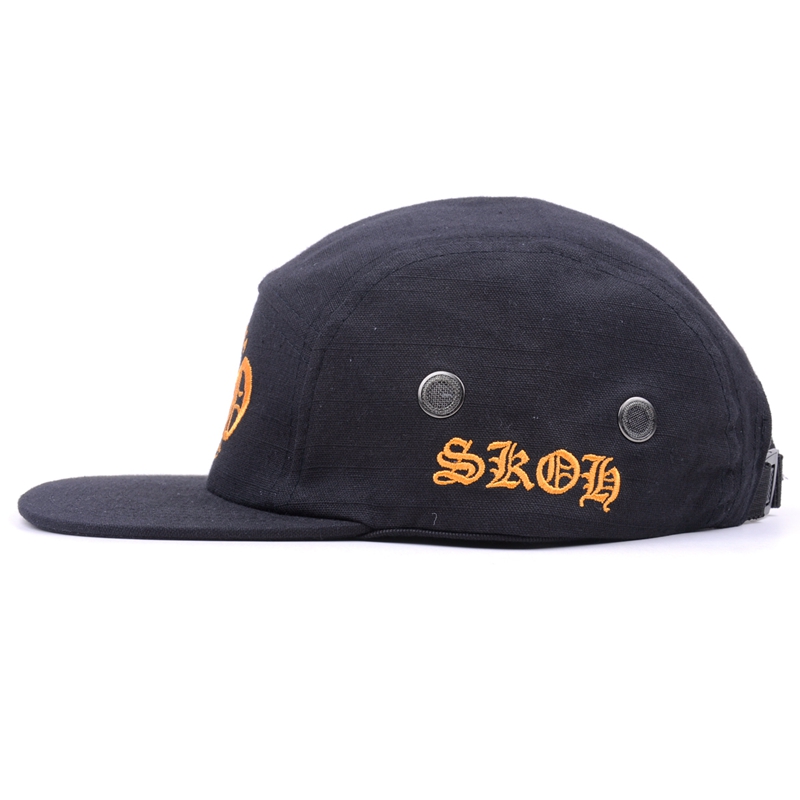 design embroidery black flat brim 5 panels cap custom