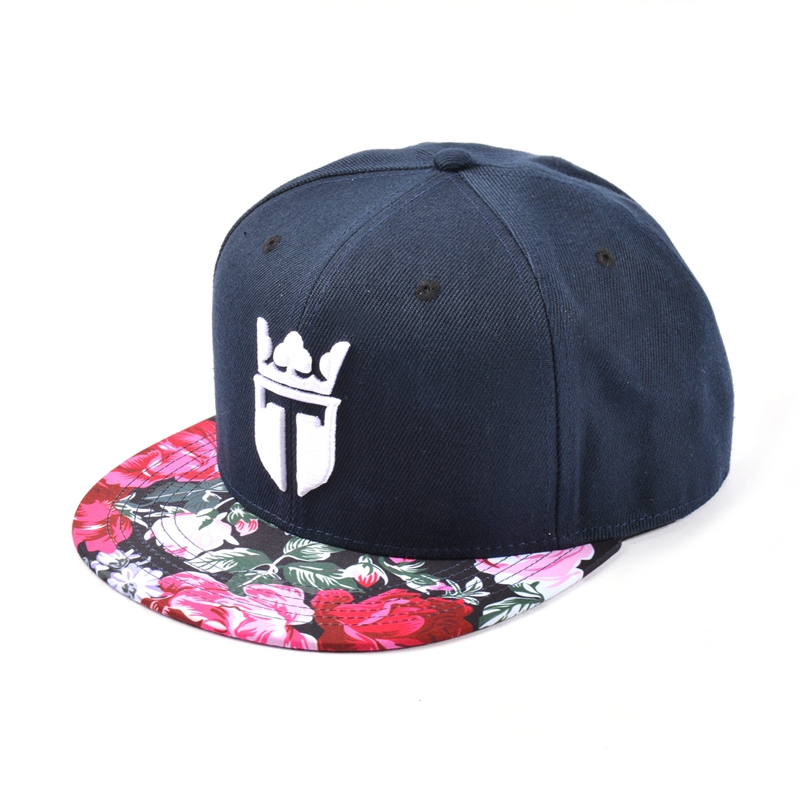 floral brim embroidery snapback hat, 3d embroidery cap manufacturer china