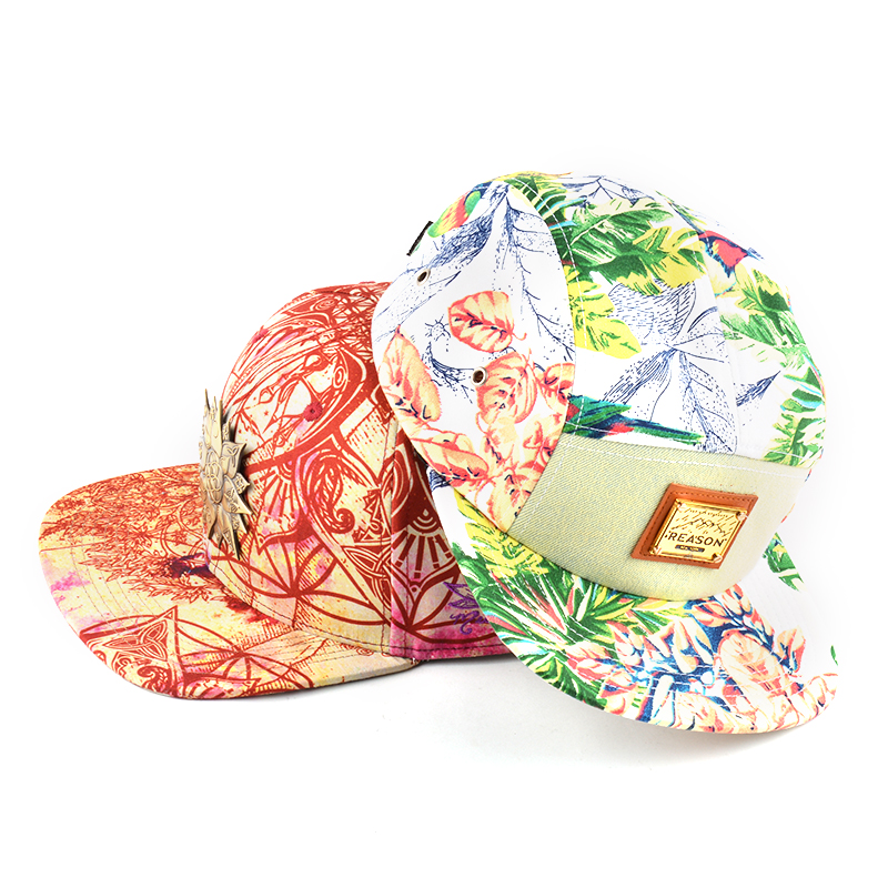 λουλούδι τυπωμένο μεταλλικό λογότυπο 6 πάνελ snapback προσαρμοσμένα καπάκια