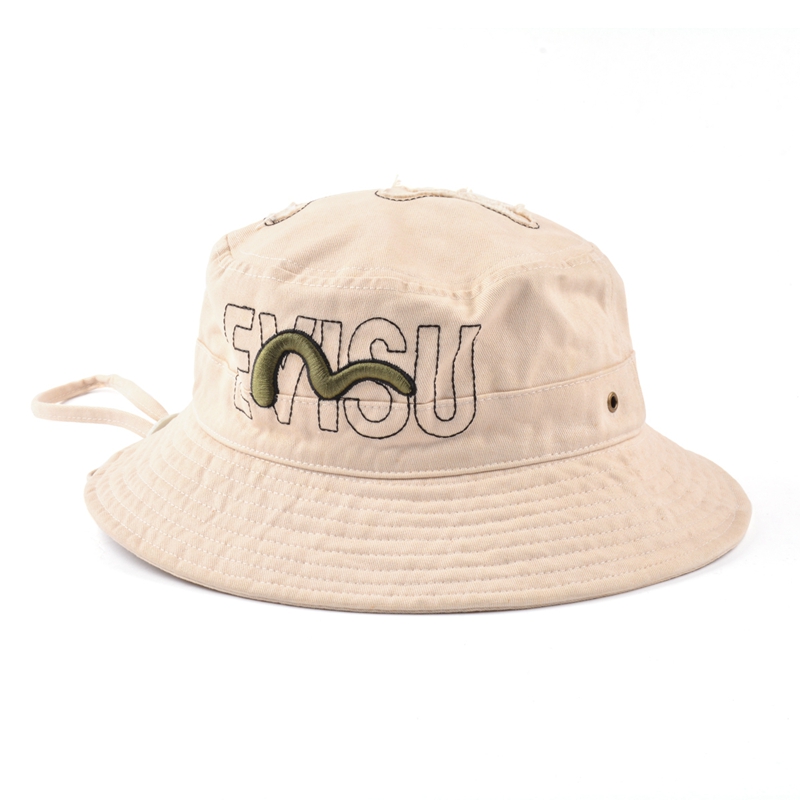 worn-out bucket hat with string, embroidery bucket hat
