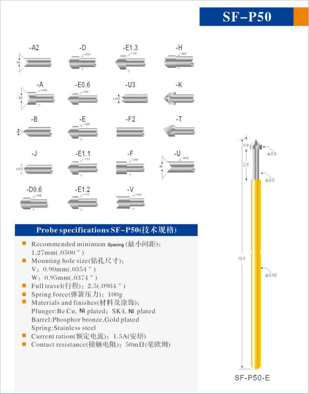 China SFENG Brand P50 series test probe for gold or nickel plated manufacturer