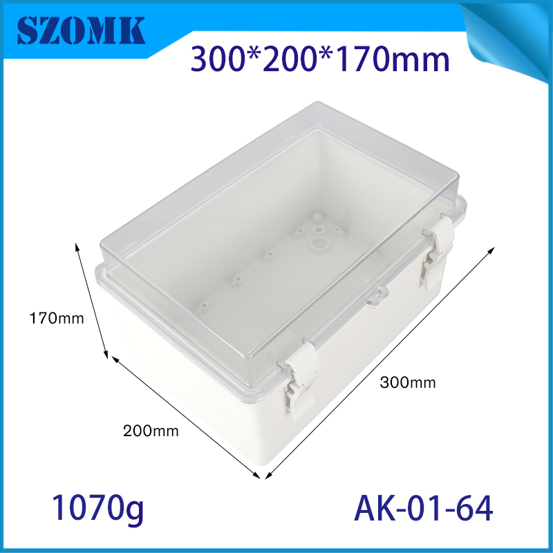 IP66 Couvercle transparent Enclos de plastique imperméable Boîtes à charnière AK-01-64 300 * 200 * 170 mm