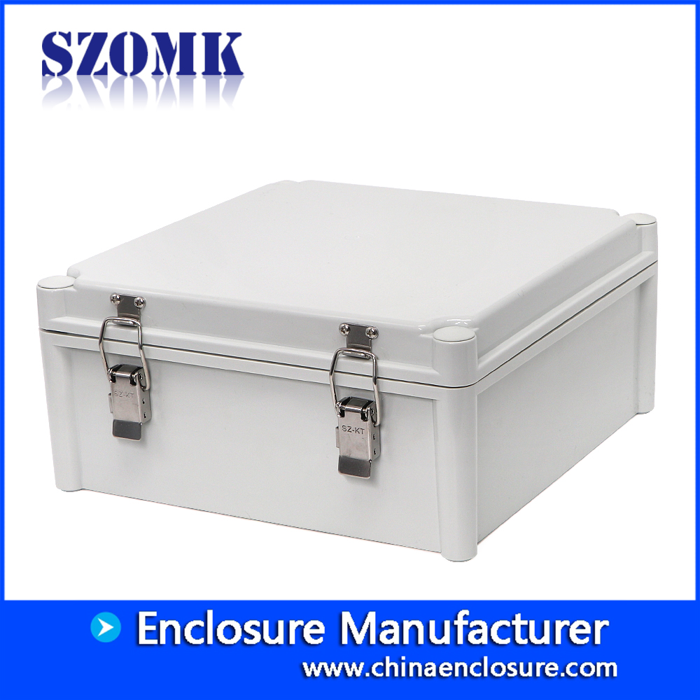 outdoor IP65 hinged waterproof enclosure electronics distribution box wall mountable circuit board plastic casing 280*280*130mm AK-02-24-JK weatherrproof plastic equipment case