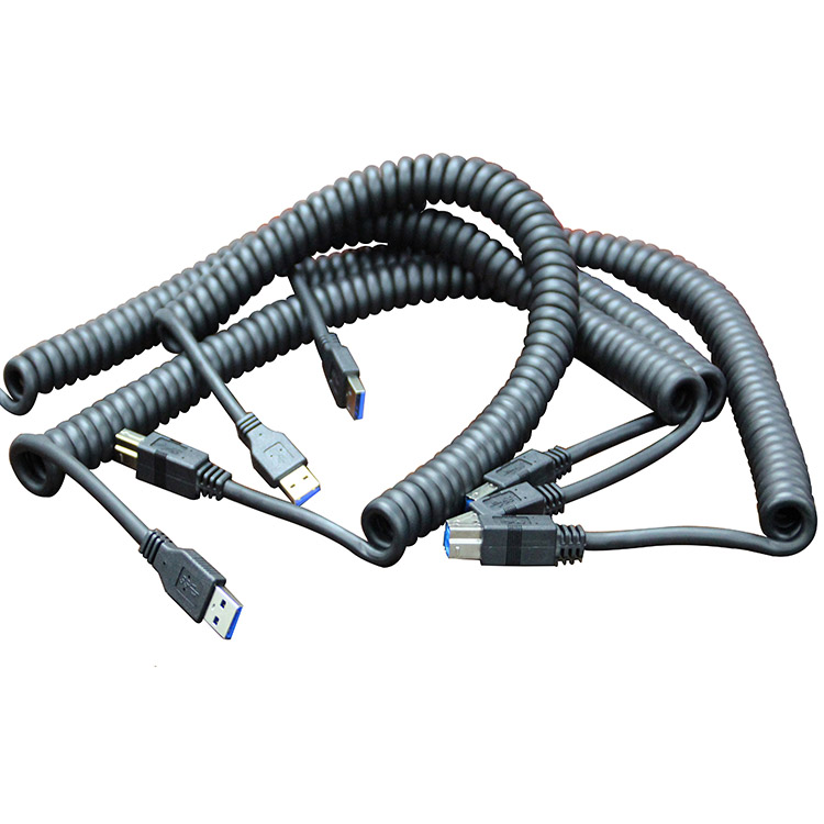 Schwarzer PU-Mantelschirm 9-adriger USB 3.0-Typ-B-Stecker und Typ-A-Spiralkabel