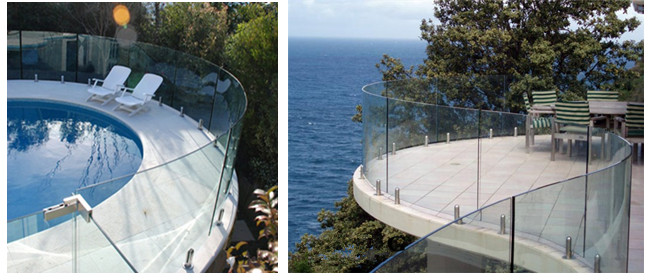 10mm toughened frameless balustrade curved glass