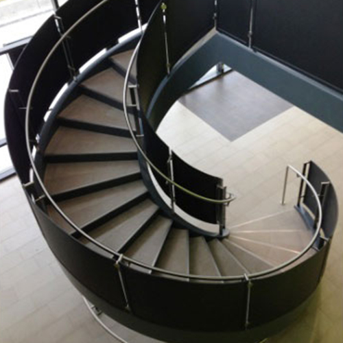 Trapezoidal safety stair railing glass manufacturer, spiral stair railing curved glass supplier