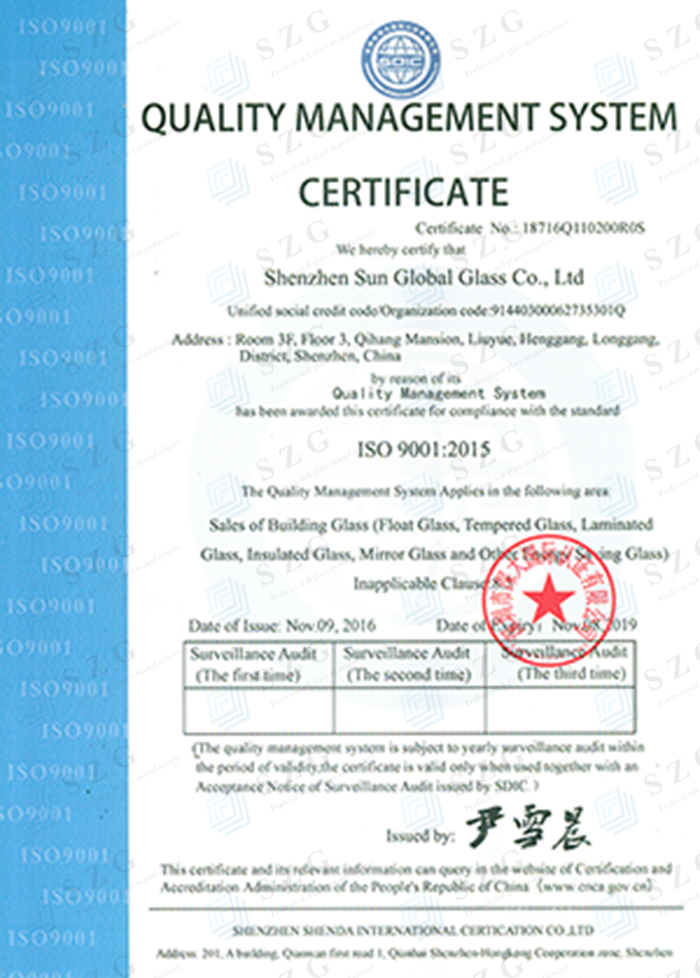 ISO9001 QUALITY CONTROL FOR BUILDING GLASS