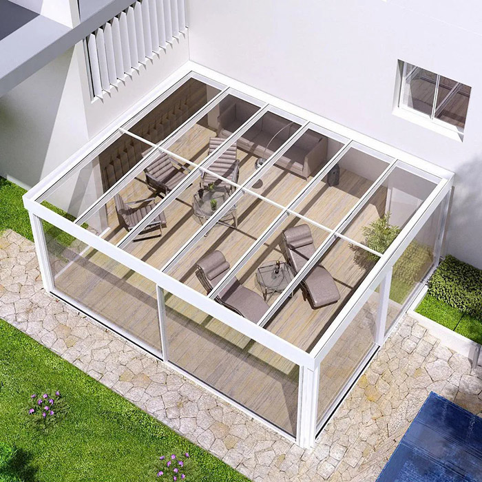 4 + 12A + 4MM الزجاج المعزول Sunroom، قابل للسحب مرفقات الفناء الزجاج المنزلق، والزجاج قابل للسحب بمحركات الشمس مع سقف قابل للسحب