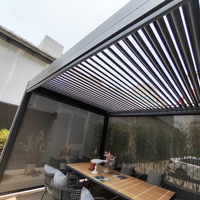 motorized louvered roof pergola with side curtain, automatic adjustable louvered roof system, aluminium remote control pergola shutters