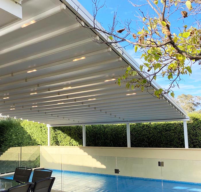 Mái hiên có thể thu vào cho nắp bể bơi, mũ nhựa PVC có thể thu vào động cơ, Pergola gấp tự động điện hiện đại