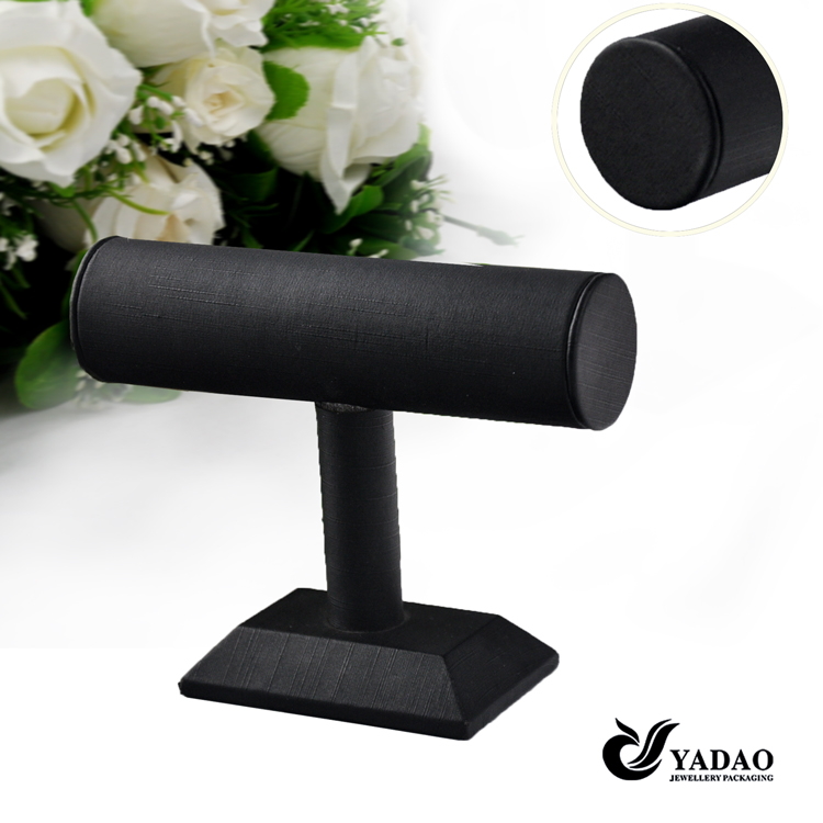 Black leather T-bar shape wooden jewelry display stand for bracelet display with factory price made in China