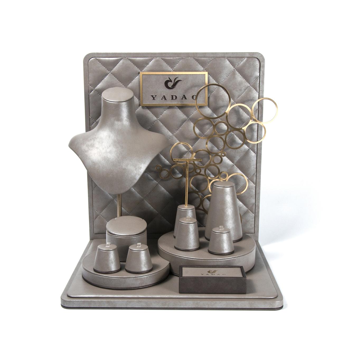 Custom metal sticker logo wholesale handmade brown leatherette fine jewelry display sets,stand bust with metal decoreations