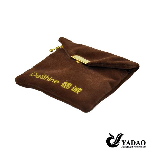 Brown Plush velvet jewellery pouch bags with metal button for jewelry packaging