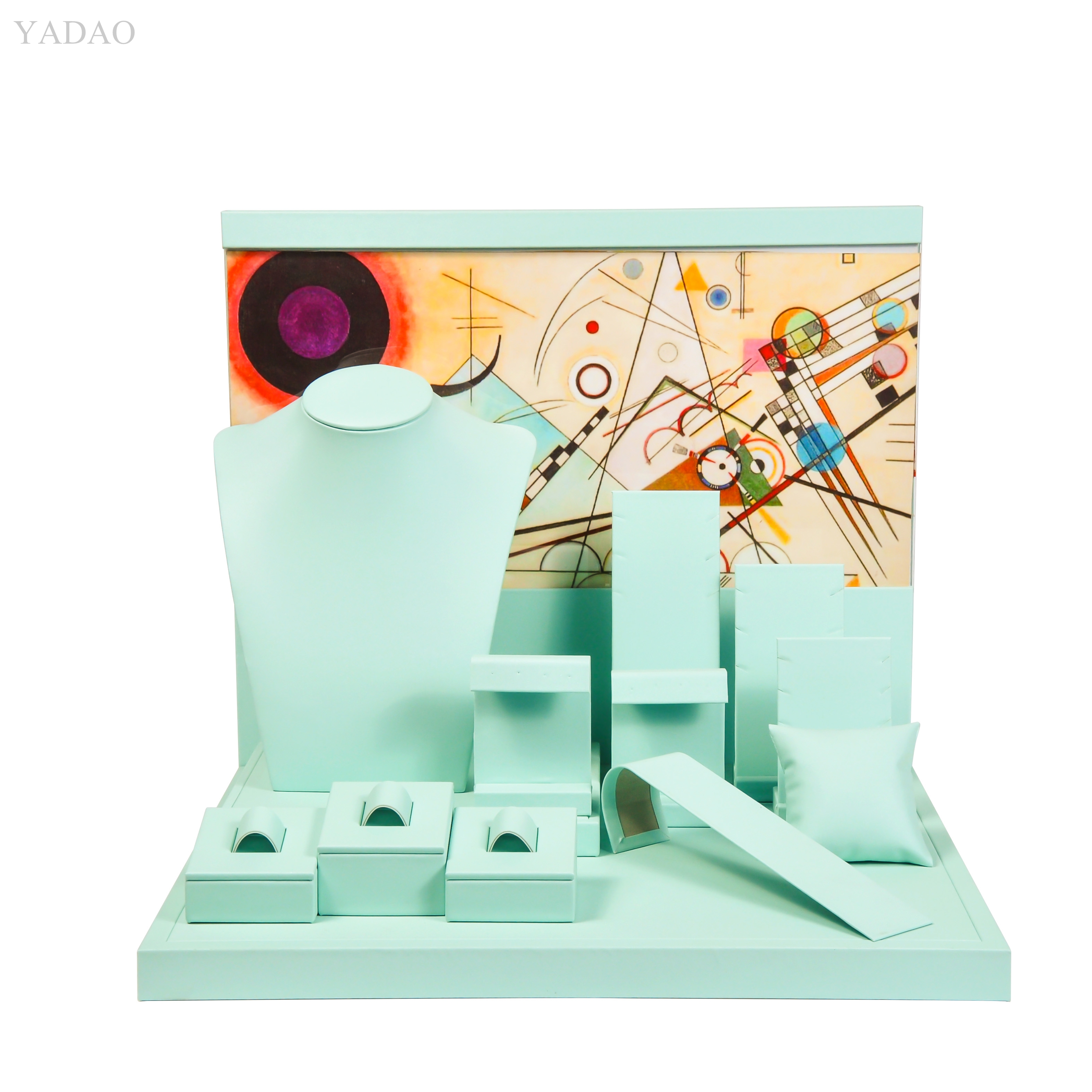 Custom free logo wholesale handmade leatherette fine jewelry display sets,necklace bust, ring,earrinng,pendant stands