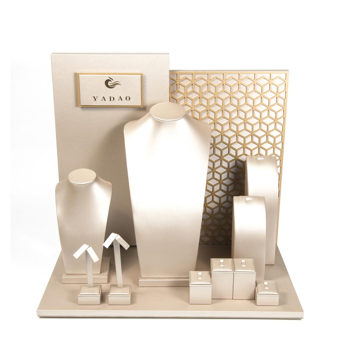 Custom metal sticker logo wholesale handmade beige leatherette acrylic curving backboard fine jewelry window showcase display sets