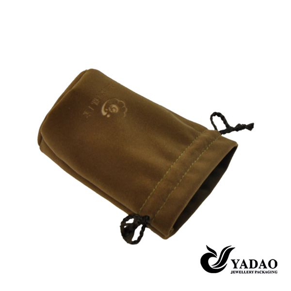 Jewellery pouch Embossed logo Brown Velvet jewellery bags with black cord made in China