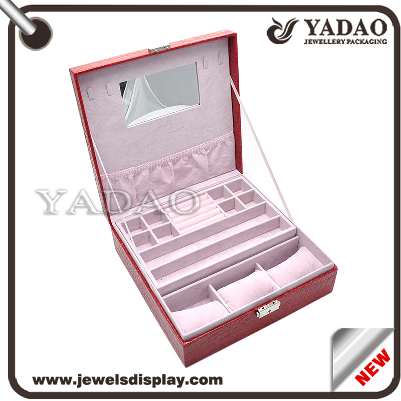 大容量長方形ライニング革は内部ミラーとパッケージングのためのロックの宝石プラスチックの箱をカバー