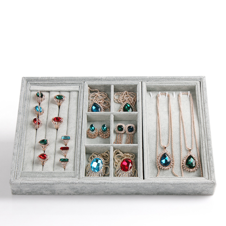 Mixed jewelr set tray wood base with velvet cover for displaying ring earring necklace with separate trays