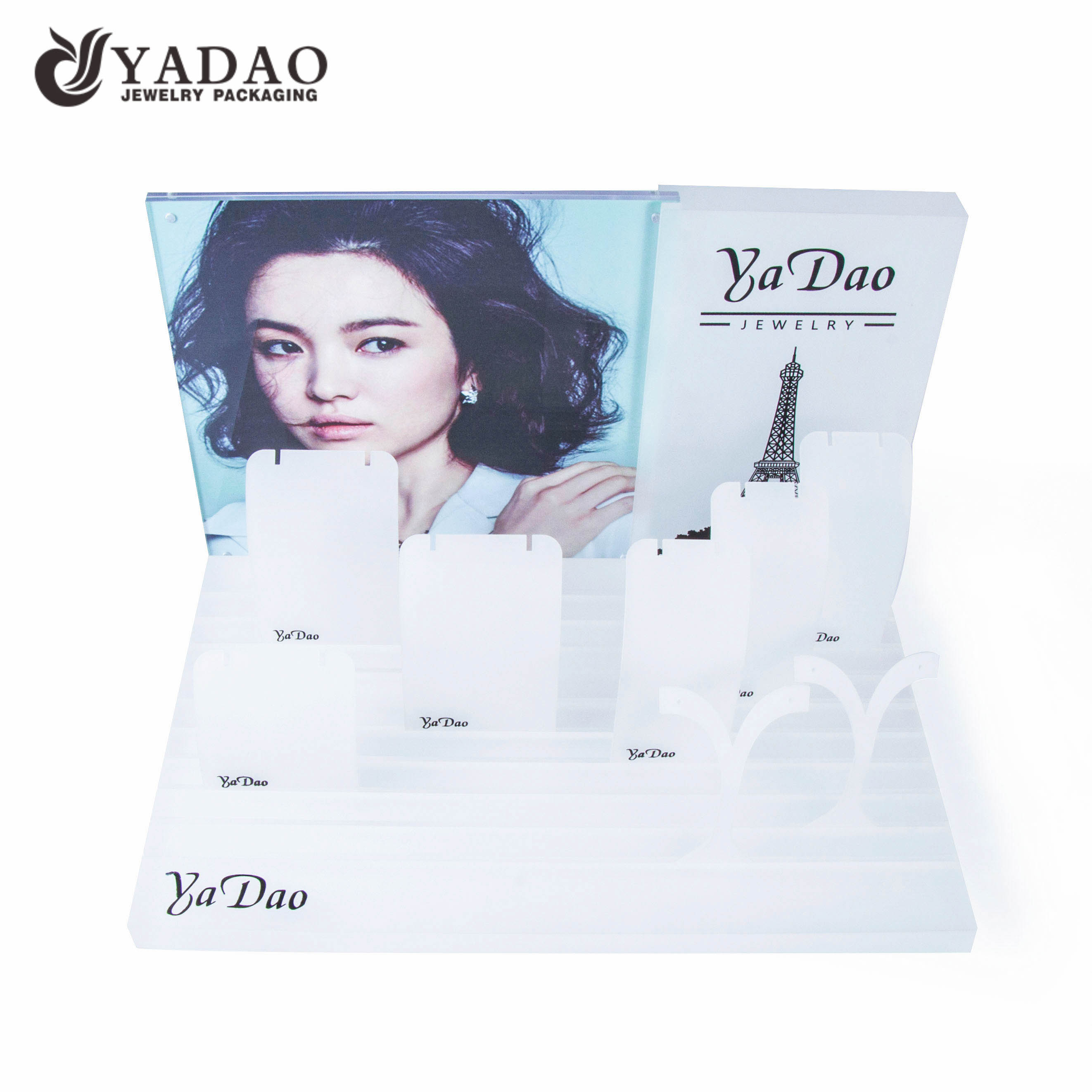 OEM/ODM glass jewelry display case acrylic jewellery display set with logo printing customized with factory price.