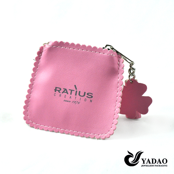 Pretty pink leather jewellery bags with silk print logo for jewelry shop Chian manufacturer