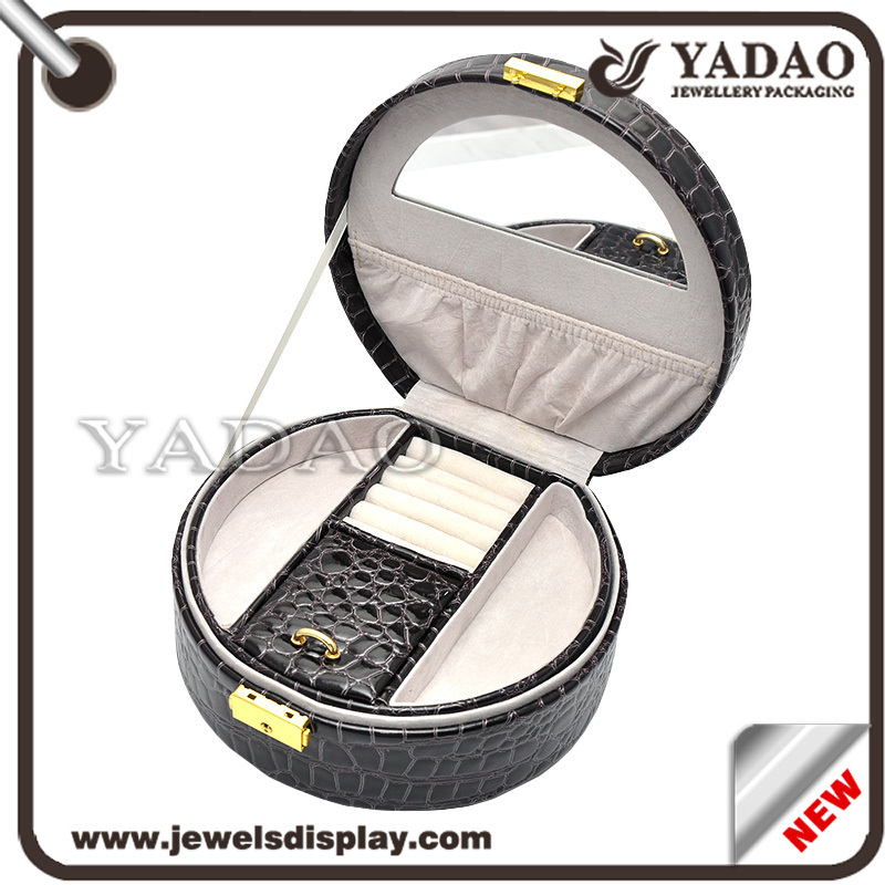 Round black lining leather antique mirror locking jewelry leather plastic box with handle