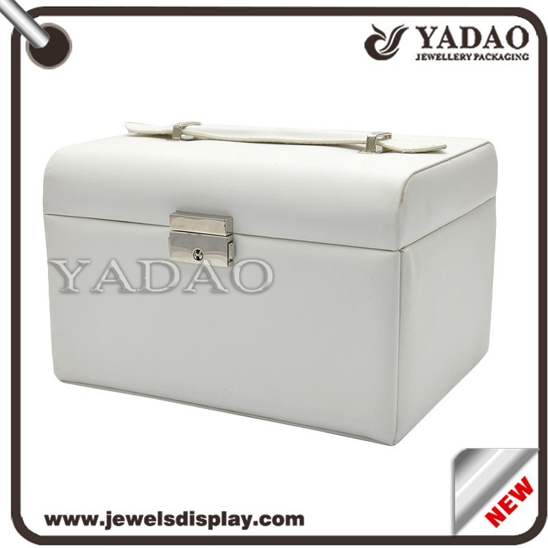 White leather without lines jewelry packaging box with drawer and mirror