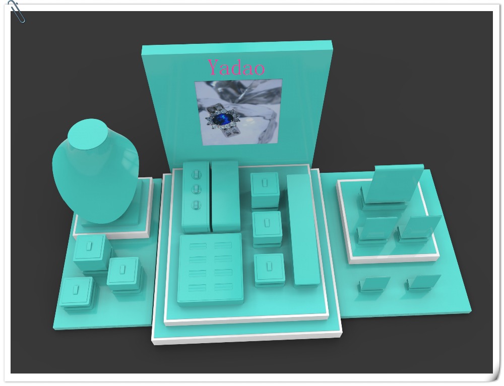 Velkoobchod Čína vlastní velikost a materiál pro výlohou a počítadlem šperků displeje modrá kůže šperky vitríny