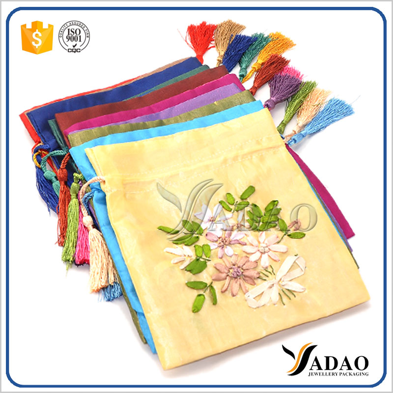 Wholesale retro chinese style colorful custom small satin pouch with drawstrings for jewelry packaging
