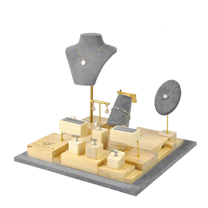 Yadao high-end earring necklace holder customize luxury gray gold drawing lines pu leather jewelry display stand sets